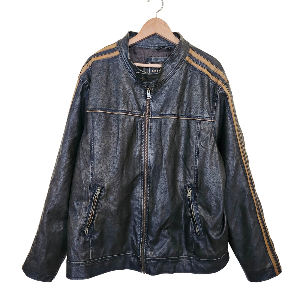 Arizona Mens XXL Black Faux Leather Cafe Racer Moto Jacket Tan Racing Stripes